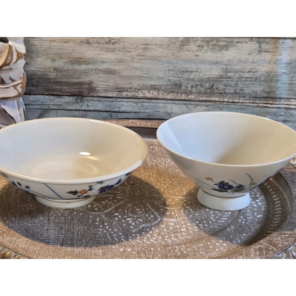 😎Vintage Japanese Floral Porcelain Lidded Rice Bowl Set Blue‎ Gold Rim Mark